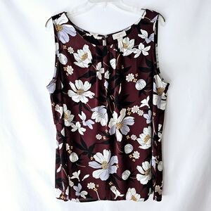 LOFT Burgundy Floral Shell Blouse – Size XL – Scoop Neck, Pleated Front & Keyhol